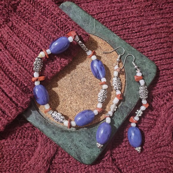 Blue Beaded Bracelet & Matching Dangle Earrings Set – Silver & Coral Accents - Picture 5 of 5